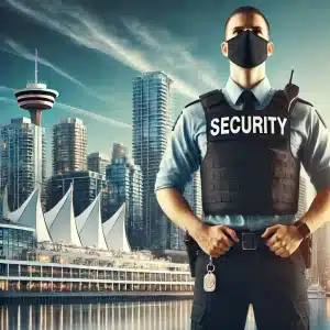 Security guard standing confidently in front of Vancouver cityscape with recognizable landmarks, wearing a uniform and security badge