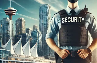 Security guard standing confidently in front of Vancouver cityscape with recognizable landmarks, wearing a uniform and security badge