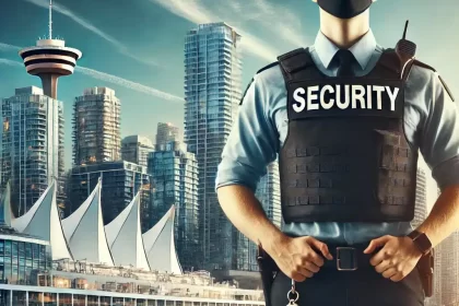 Security guard standing confidently in front of Vancouver cityscape with recognizable landmarks, wearing a uniform and security badge