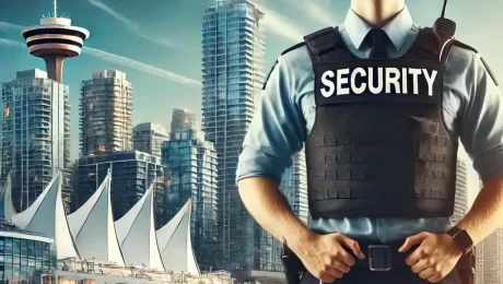 Security guard standing confidently in front of Vancouver cityscape with recognizable landmarks, wearing a uniform and security badge