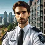 Professional security guard standing in front of a modern commercial building in Vancouver, BC, representing job opportunities in the security industry.