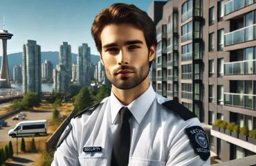 Professional security guard standing in front of a modern commercial building in Vancouver, BC, representing job opportunities in the security industry.