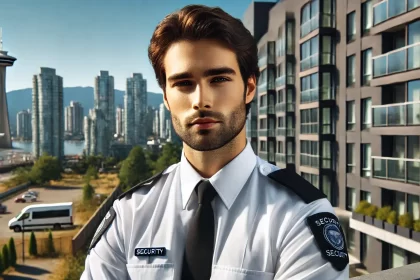 Professional security guard standing in front of a modern commercial building in Vancouver, BC, representing job opportunities in the security industry.