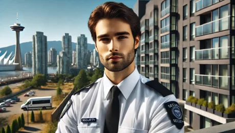 Professional security guard standing in front of a modern commercial building in Vancouver, BC, representing job opportunities in the security industry.