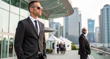 Professional security guards in formal attire overseeing a corporate event outdoors in a modern urban setting with a glass building backdrop in Vancouver.