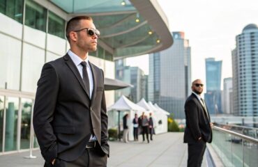 Professional security guards in formal attire overseeing a corporate event outdoors in a modern urban setting with a glass building backdrop in Vancouver.