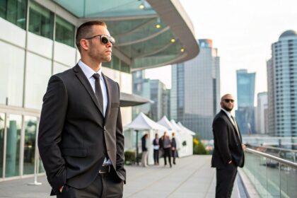 Professional security guards in formal attire overseeing a corporate event outdoors in a modern urban setting with a glass building backdrop in Vancouver.