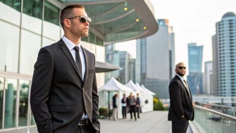 Professional security guards in formal attire overseeing a corporate event outdoors in a modern urban setting with a glass building backdrop in Vancouver.