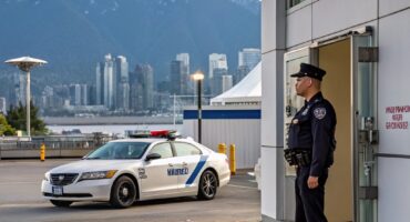 A uniformed security guard stands at a building entrance while a marked patrol car is parked nearby with the Vancouver skyline and mountains in the background.