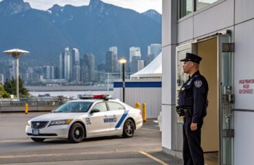 A uniformed security guard stands at a building entrance while a marked patrol car is parked nearby with the Vancouver skyline and mountains in the background.