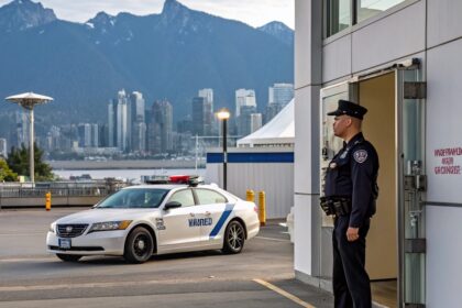 A uniformed security guard stands at a building entrance while a marked patrol car is parked nearby with the Vancouver skyline and mountains in the background.