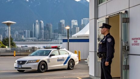 A uniformed security guard stands at a building entrance while a marked patrol car is parked nearby with the Vancouver skyline and mountains in the background.