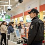 A professional security guard monitors a busy retail store, standing near the checkout counter with visible CCTV cameras overhead, ensuring safety and loss prevention.