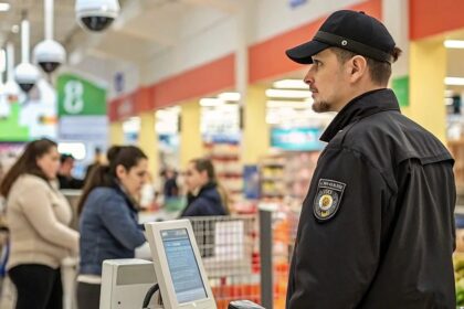 A professional security guard monitors a busy retail store, standing near the checkout counter with visible CCTV cameras overhead, ensuring safety and loss prevention.