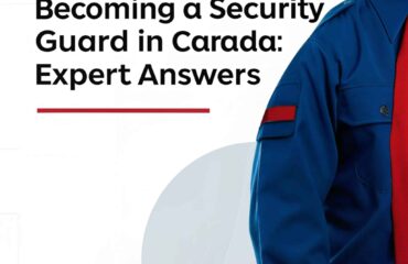 A security guard in a blue uniform with a red arm patch, with the title 'Top 20 FAQs About Becoming a Security Guard in Canada: Expert Answers' in bold text.