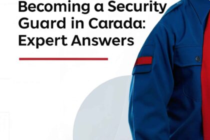 A security guard in a blue uniform with a red arm patch, with the title 'Top 20 FAQs About Becoming a Security Guard in Canada: Expert Answers' in bold text.