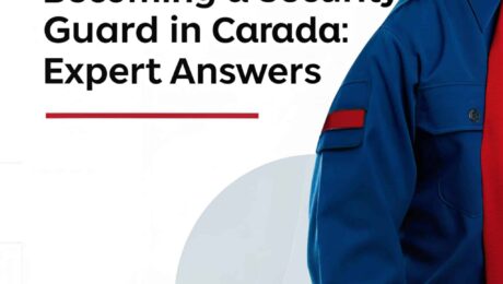 A security guard in a blue uniform with a red arm patch, with the title 'Top 20 FAQs About Becoming a Security Guard in Canada: Expert Answers' in bold text.