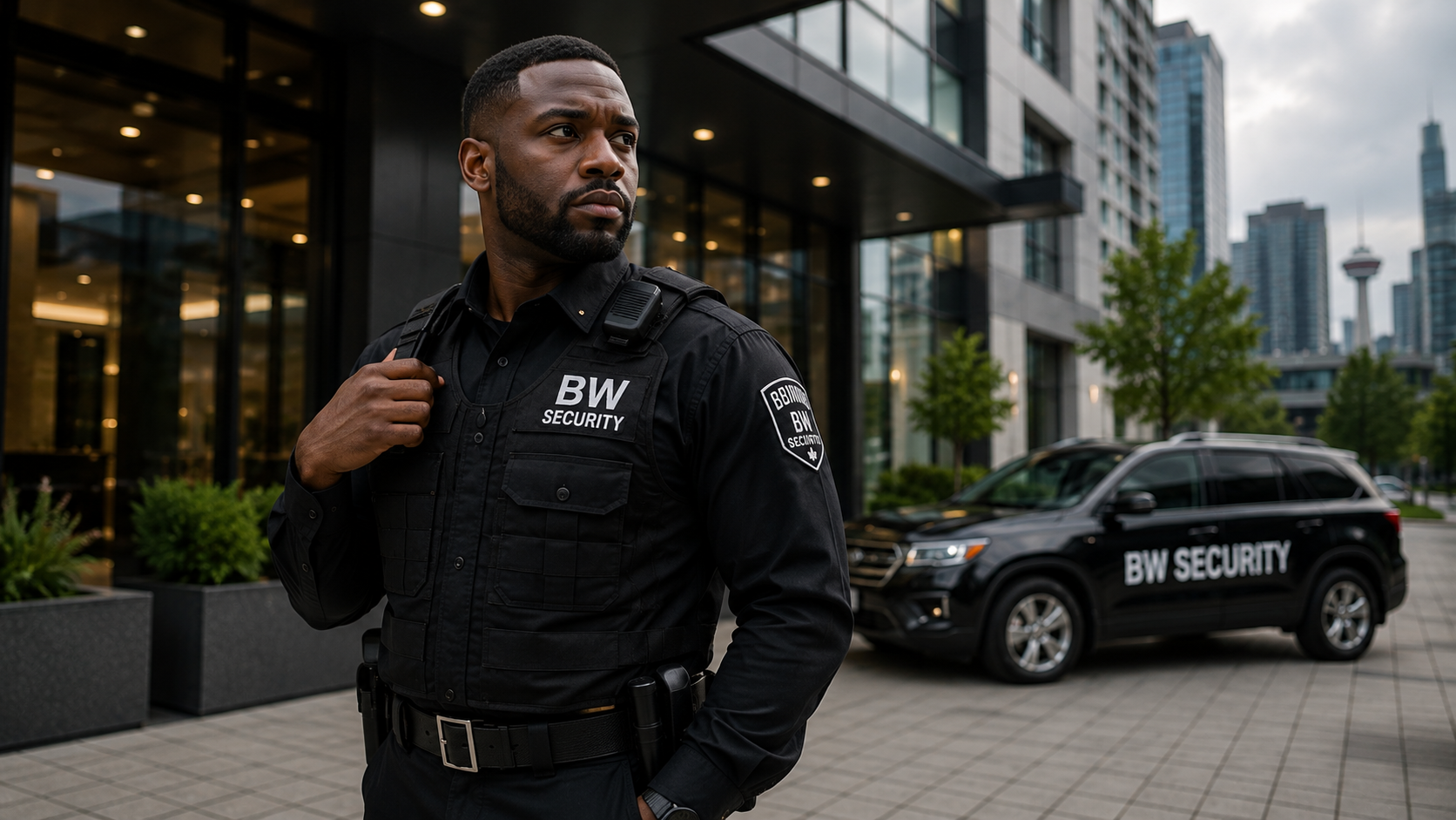 Licensed BW Security guard protecting a Vancouver commercial building