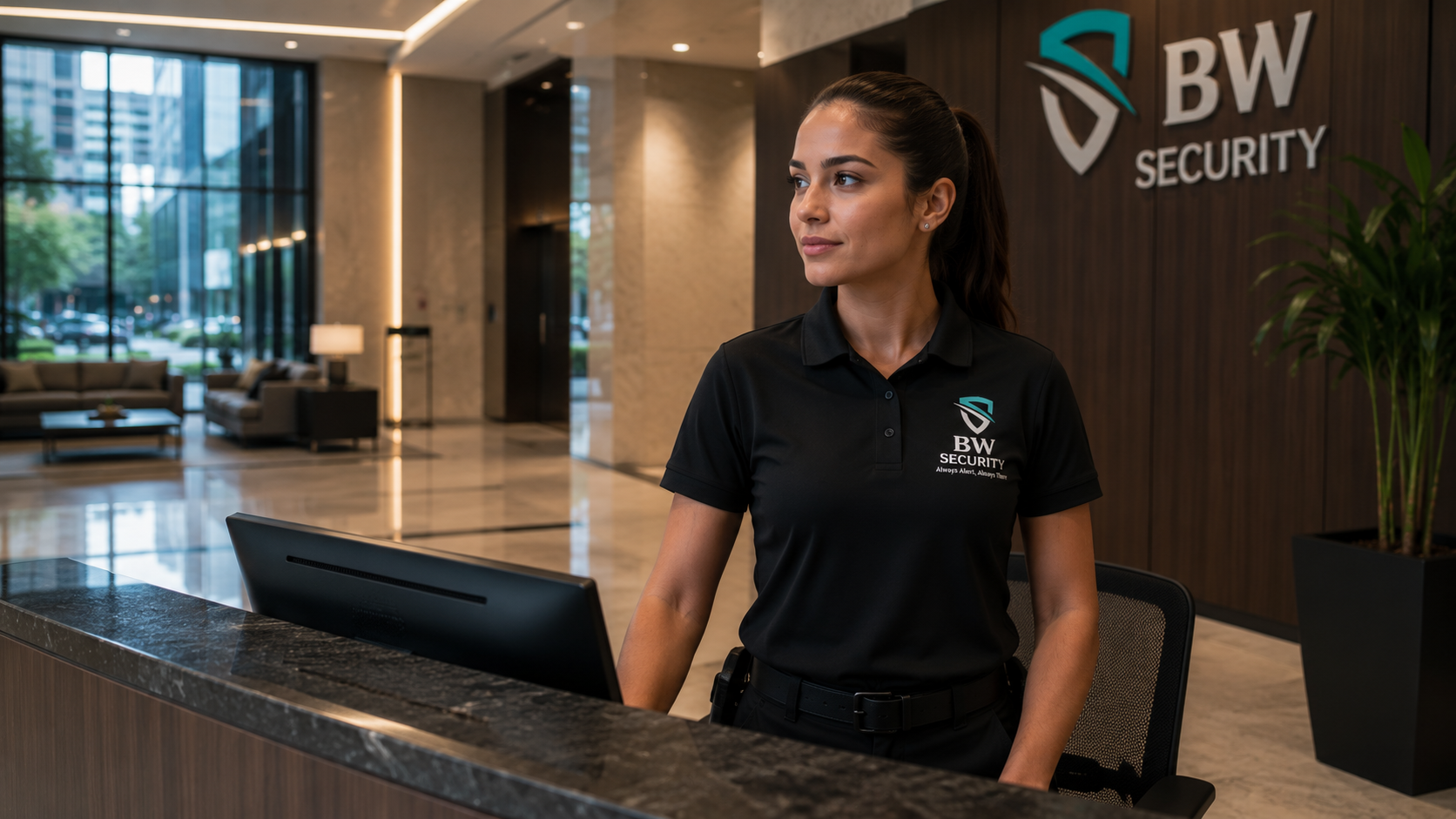 Professional BW Security concierge officer in a Vancouver corporate lobby