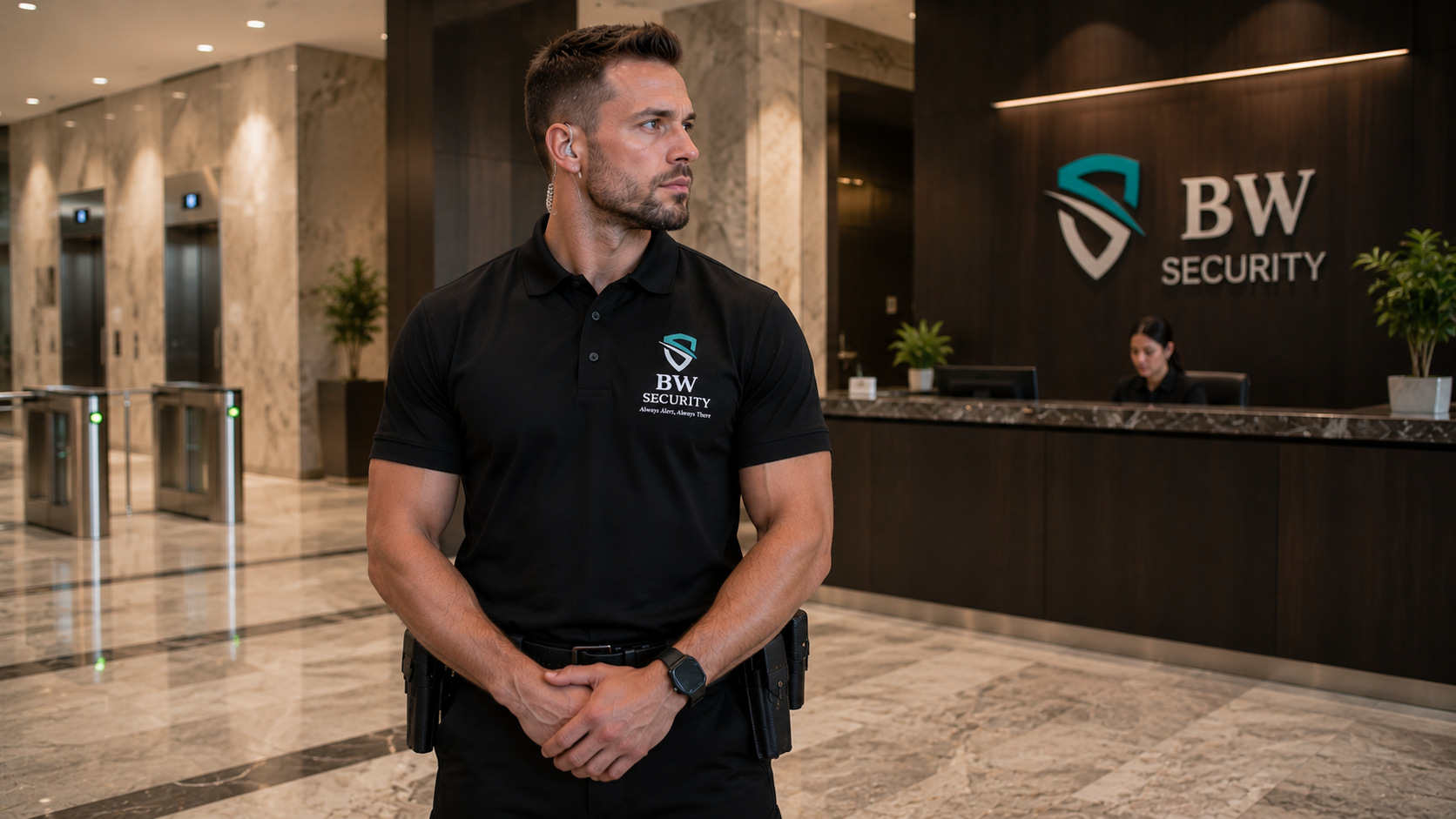 BW Security concierge guard in a professional Vancouver corporate building