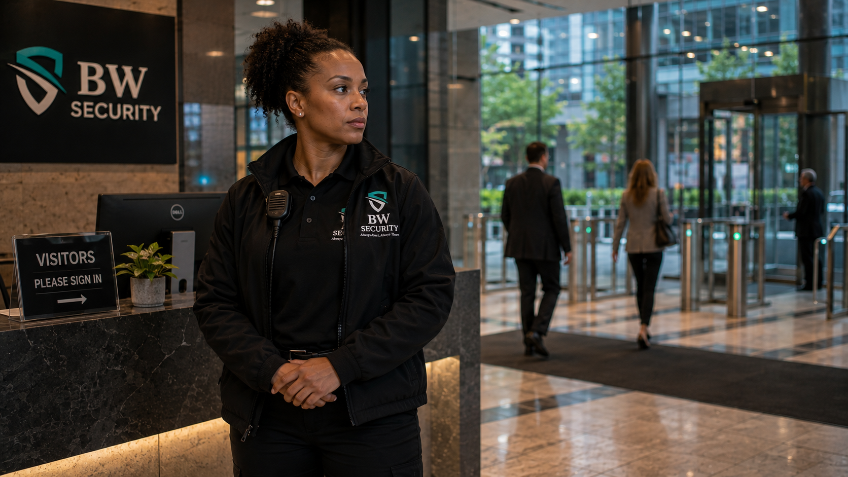 Professional BW Security guard protecting an office lobby in Vancouver