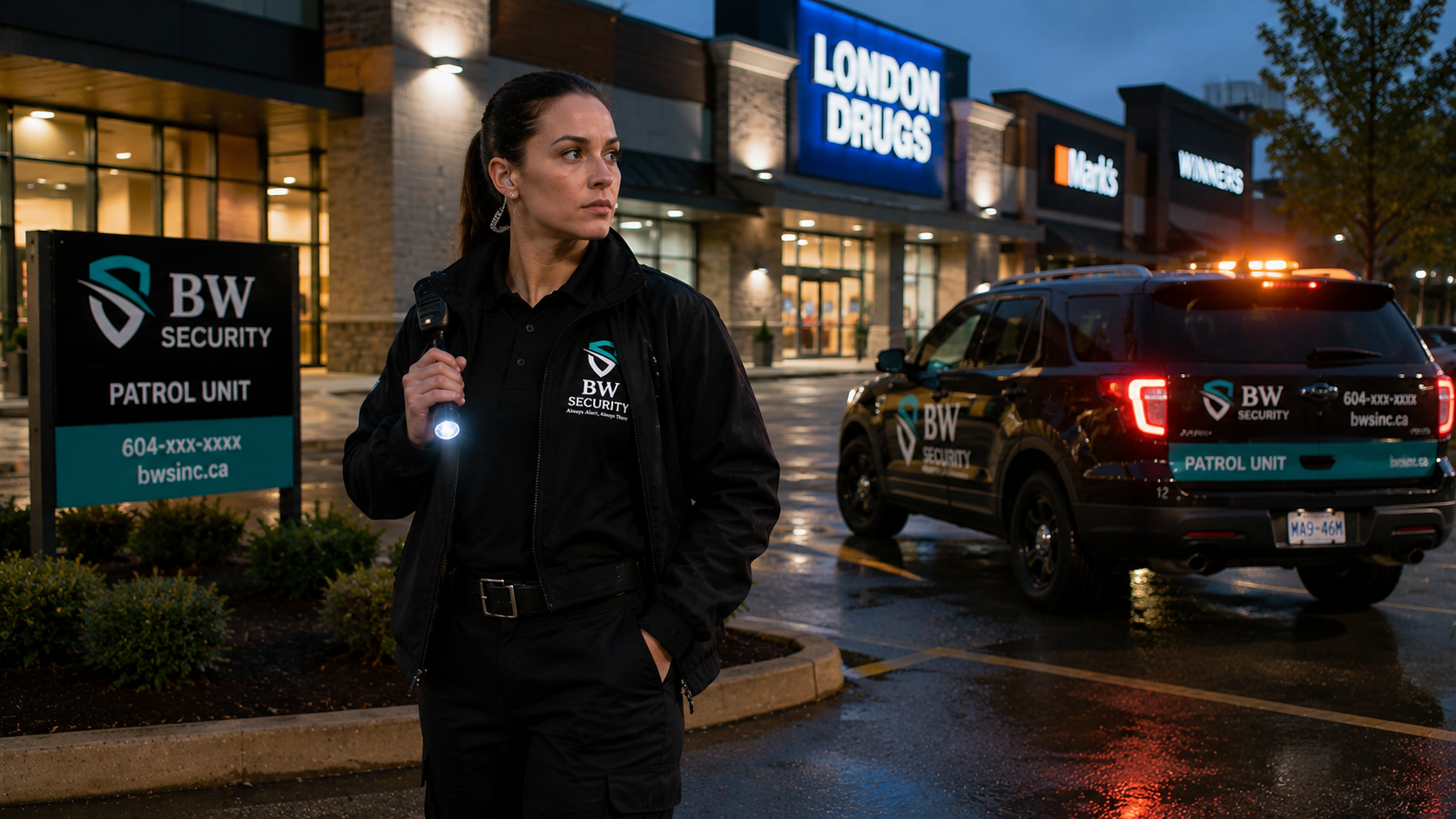 BW Security mobile patrol officers protecting a Vancouver commercial property at night