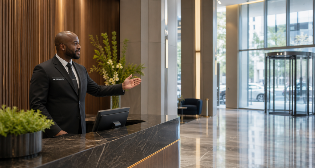 BW Security Services concierge guard welcoming a visitor in a Vancouver lobby