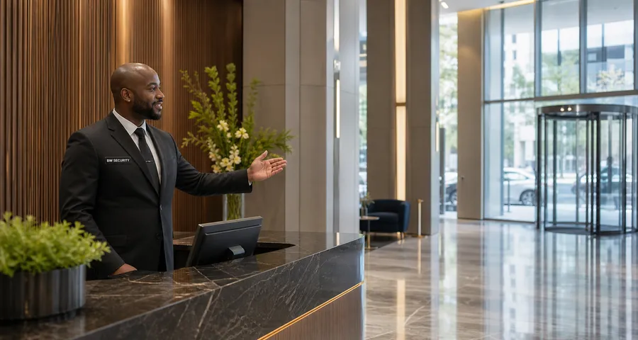 Professional BW Security concierge officer in a Vancouver corporate lobby