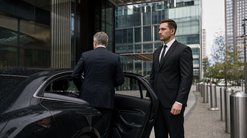 Discreet executive protection specialist assisting a business leader at a Vancouver office tower