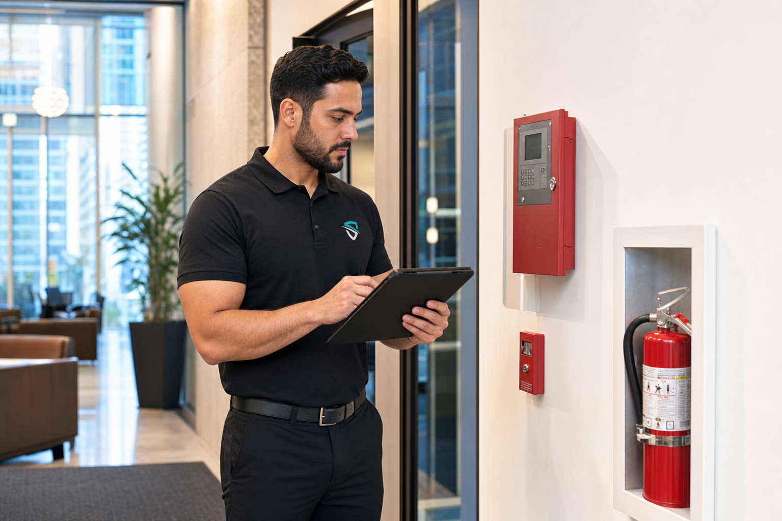 BW Security Services fire watch guard inspecting fire safety equipment at a Vancouver property