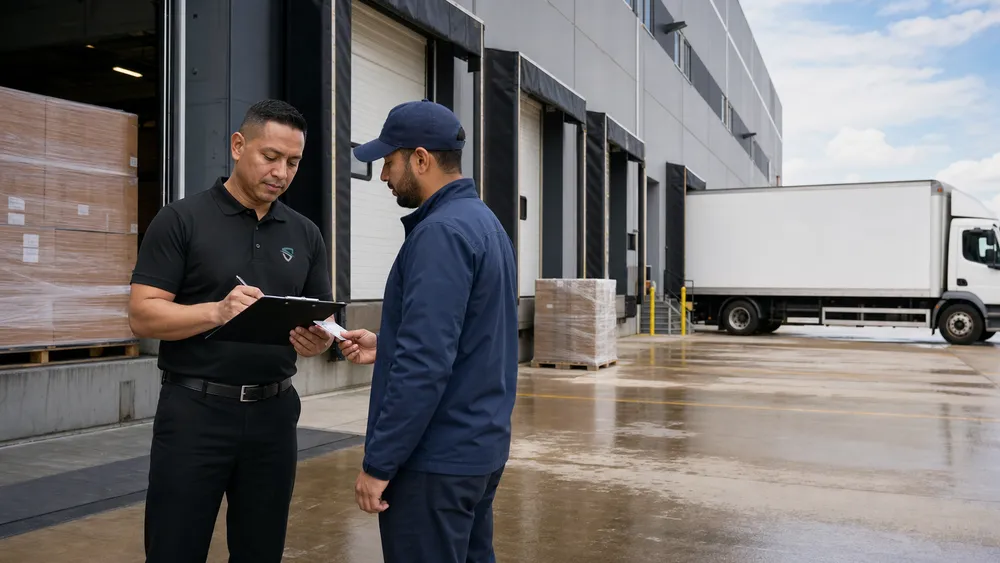 BW Security Services guard checking delivery credentials at a Vancouver warehouse