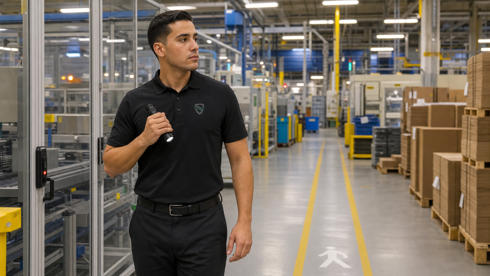 BW Security Services guard patrolling a Vancouver manufacturing facility