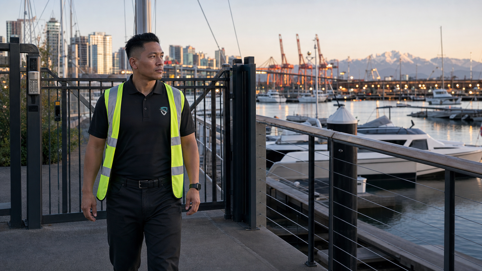 BW Security Services guard monitoring a Vancouver port and marina