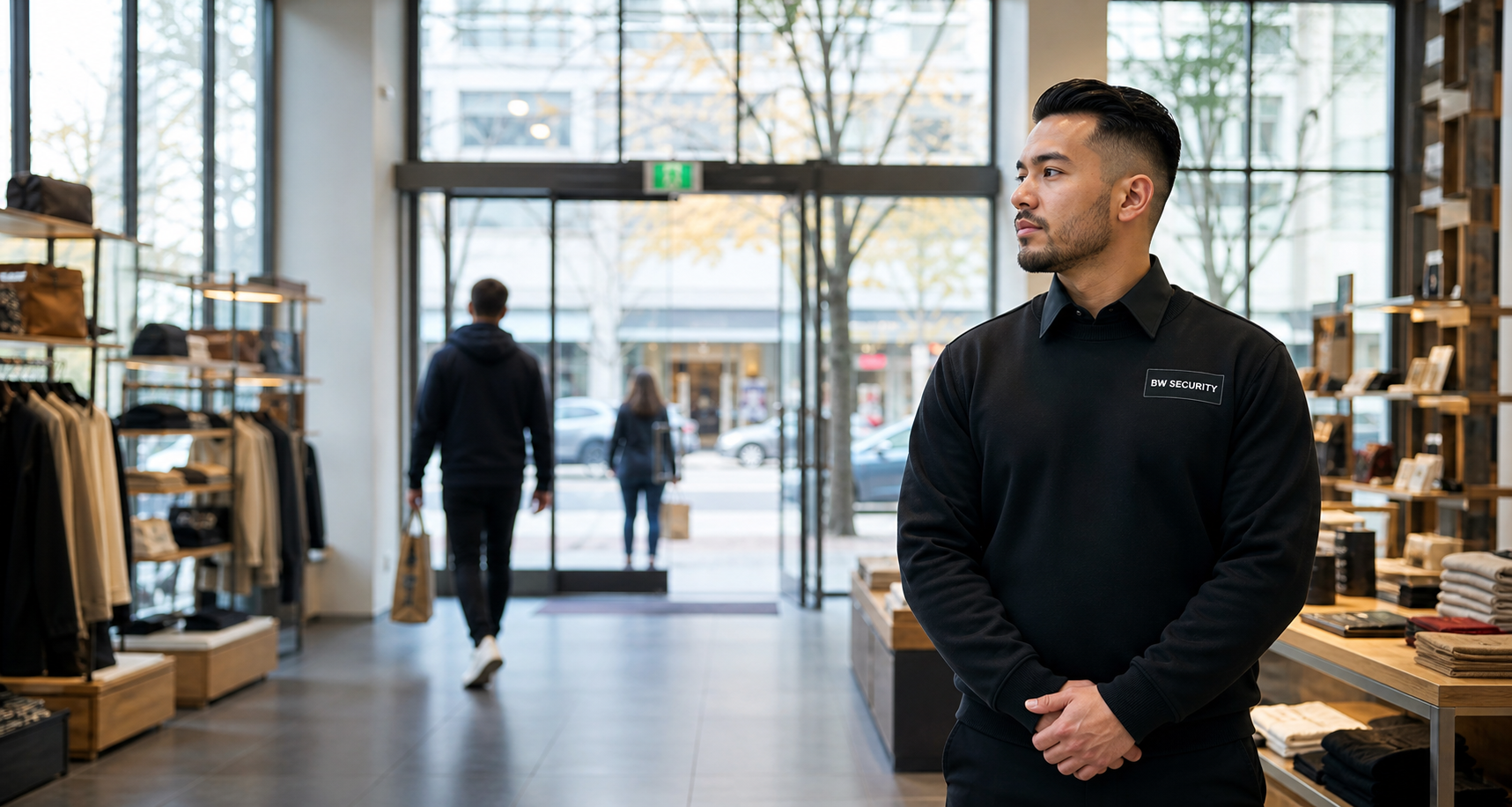 Retail loss prevention security professional assisting customers