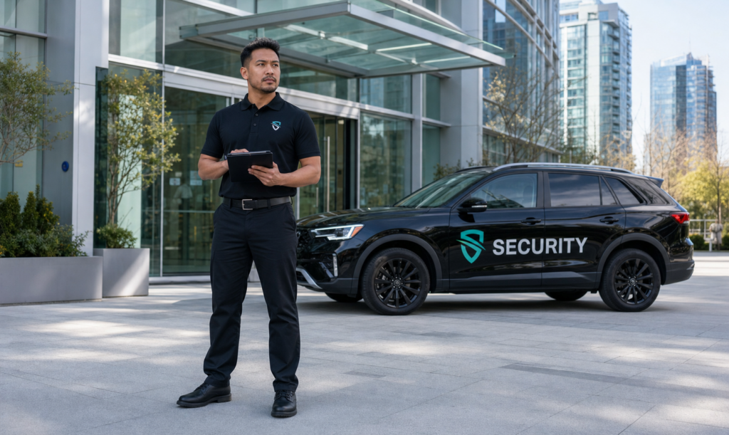 BW Security Services guard wearing the approved black polo uniform beside a security patrol SUV in Vancouver