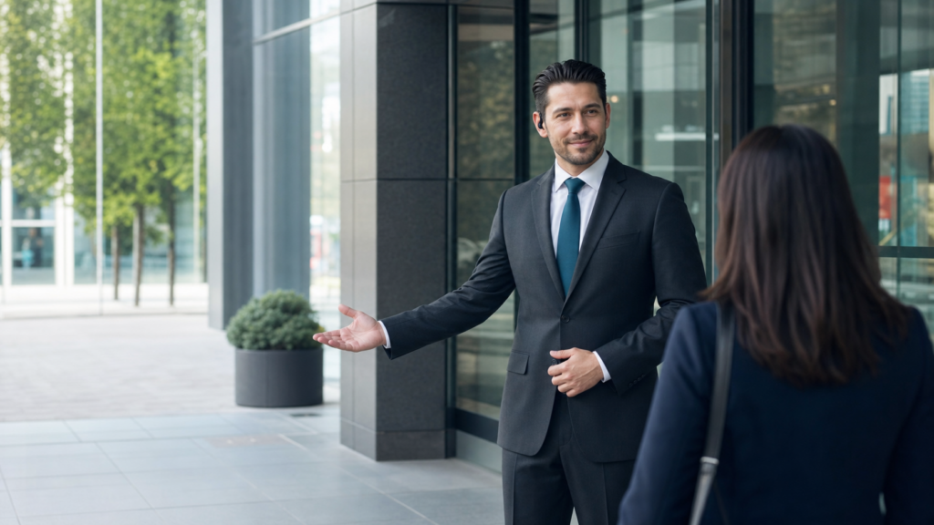 Professional suited security guard welcoming a visitor at a Vancouver corporate building