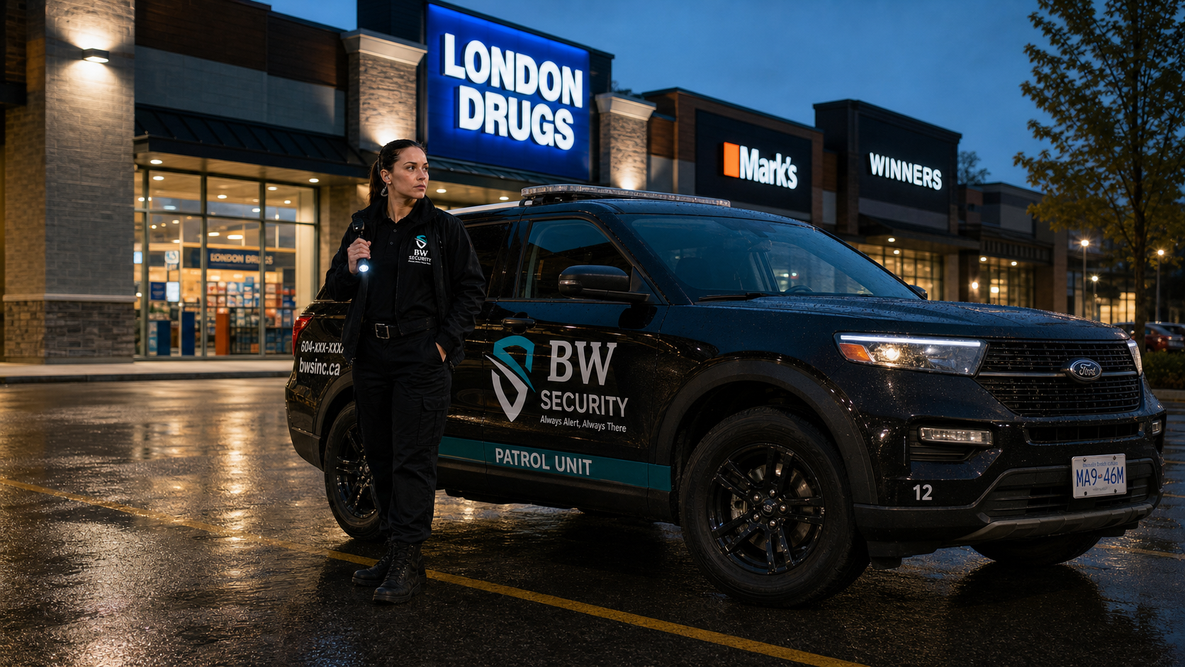 BW Security guard standing beside a patrol vehicle outside London Drugs in Vancouver