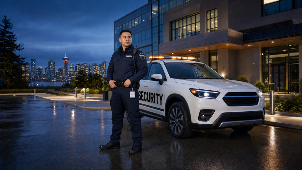 BW Security Services guard beside a marked patrol SUV in Vancouver